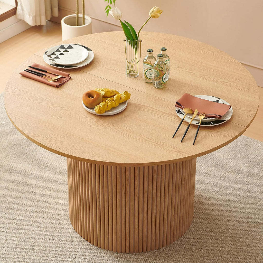 47" Round Dining Table for 4, Modern Farmhouse Wood Veneer Top with MDF Striped Base, Kitchen & Dining Room Tables