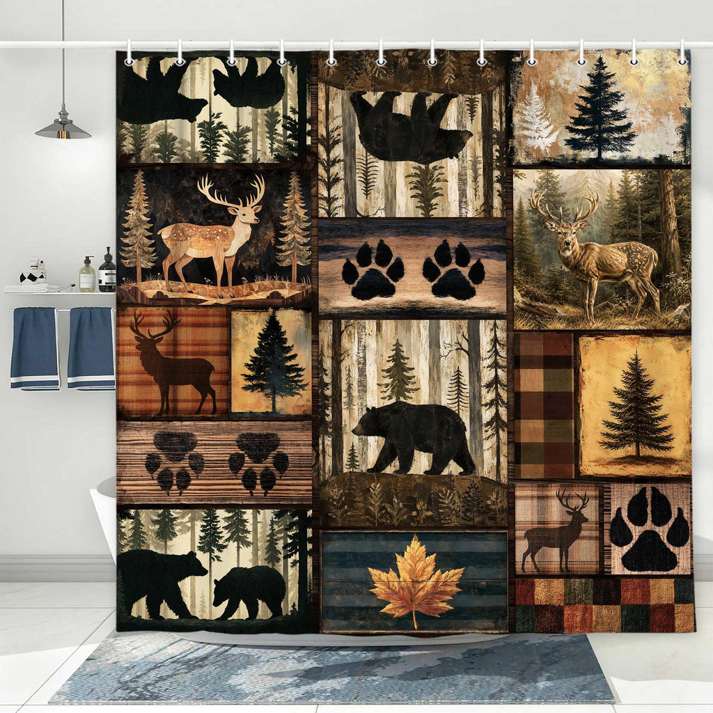 Rustic Cabin Bear Deer Pine Tree Print Vintage Woodland Lodge Bathroom Curtain Country Farmhouse Animal Paw Plaid