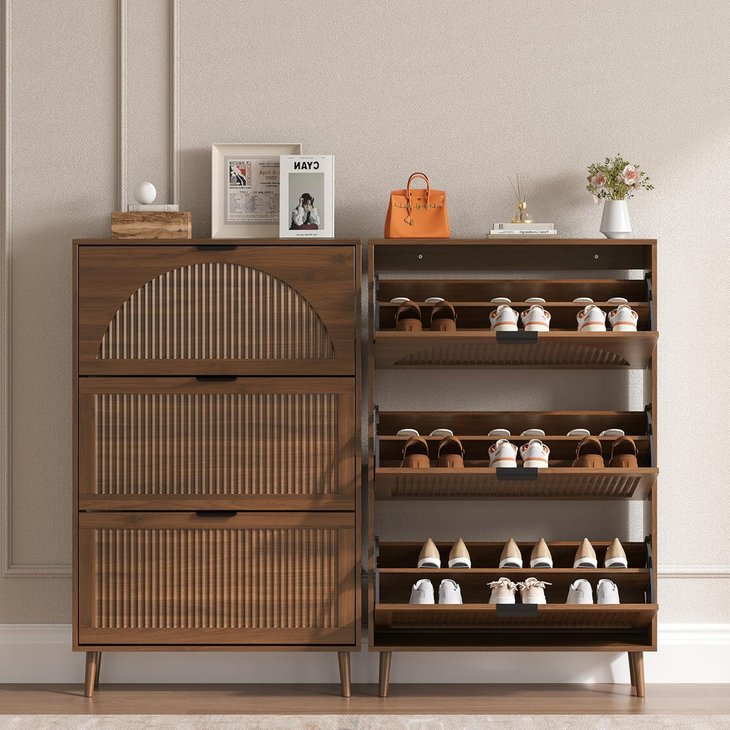Shoe Cabinet with 3 Flip Drawers, Slim Wooden Shoe Storage Organizer with Modern Fluted Pannel,Freestanding Narrow