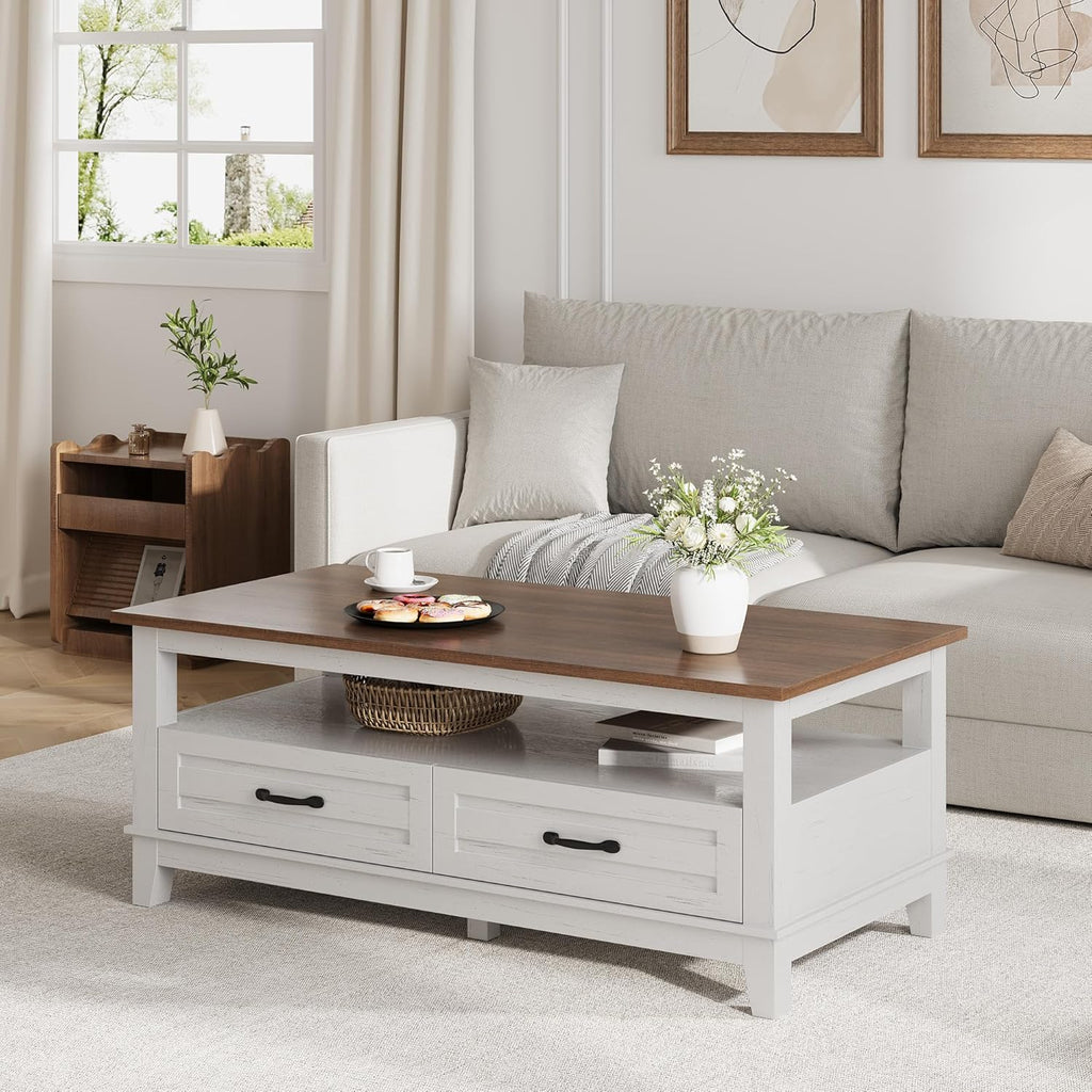 Farmhouse Coffee Table with Drawers, 47.2 in Center Table Rustic Coffee Tables White Brown Living Room Table