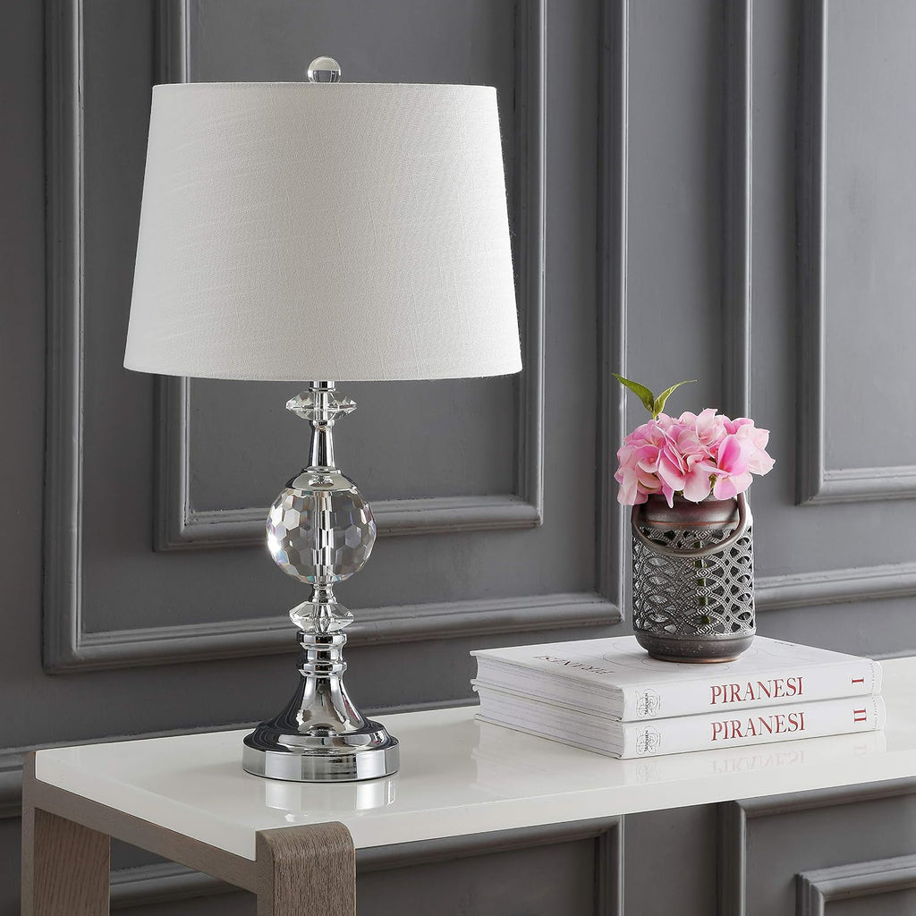 25.5" Clear Crystal and Chrome Table Lamp, Glam Faceted Sphere Bedside Lamp with White Linen Drum Shade