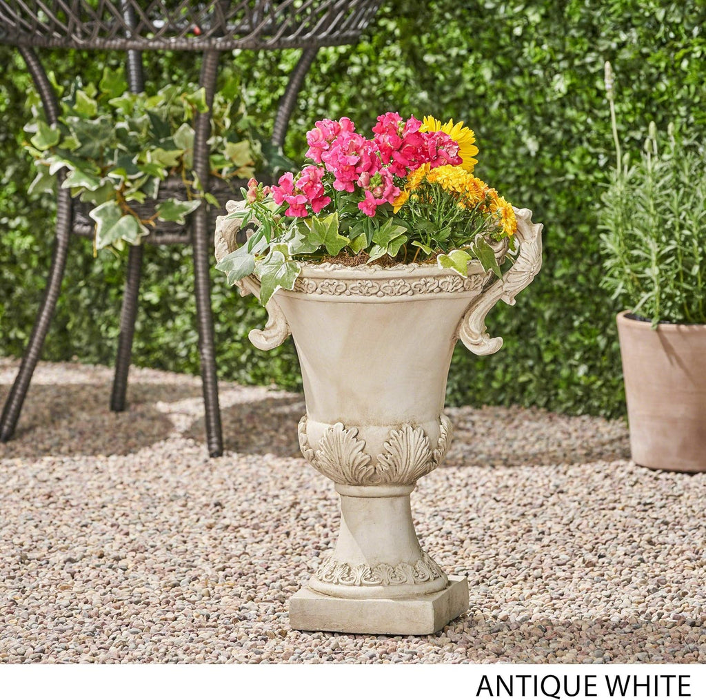 Great Deal Furniture Chalice Garden Urn Planter, Roman, Botanical, Antique White Lightweight Concrete