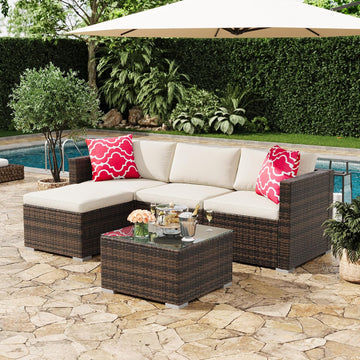 5-Piece Outdoor Patio Sectional Sofa Set - Brown/Beige | PE Rattan L-Shaped All-Weather Conversation Furniture Set