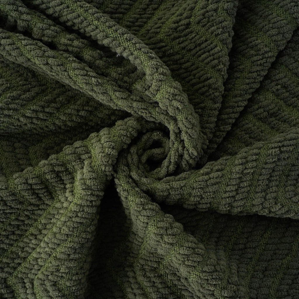 Olive Green Chenille Throw Blanket, Knit Throw Blanket,Super Soft Warm Home Decor Throw Blanket with Tassels,50" x 60"