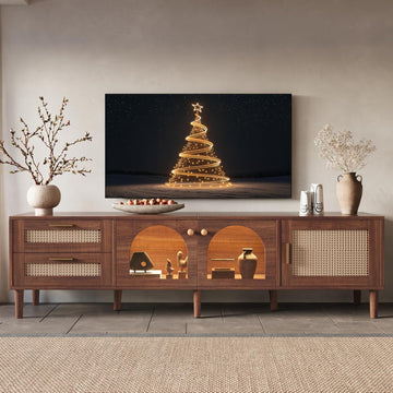 Rattan TV Stand with LED Lights, 70" Entertainment Center with 3 Cabinets & 2 Drawers Media Console Table for TVs Up