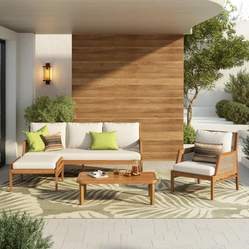 4-Piece Acacia Wood Patio Furniture Set, Outdoor Wicker Furniture Sectional Sofa Set with Coffee Table, 5 Seats Sofa