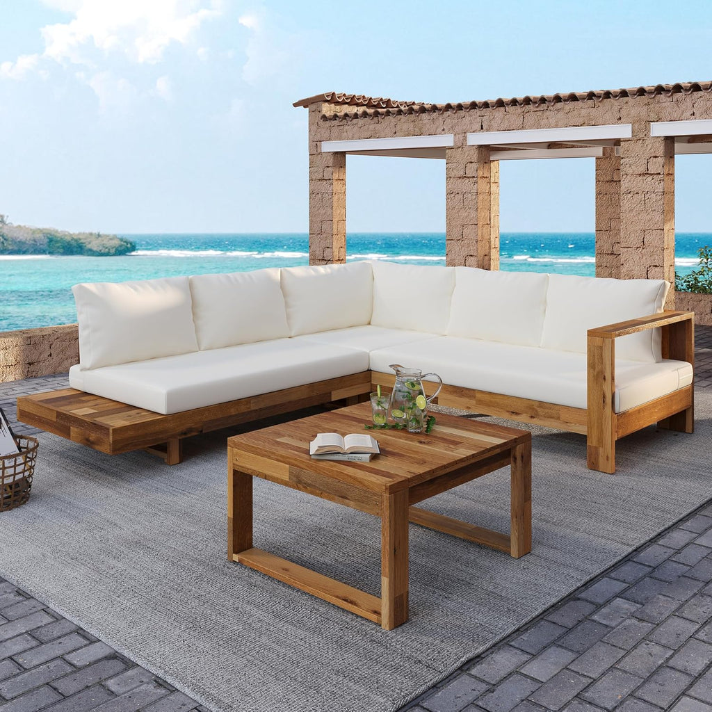 4pc Acacia Wood Outdoor Sectional Sofa Set with Cushions | Slatted Design - Modern Patio, Deck & Garden Seating for