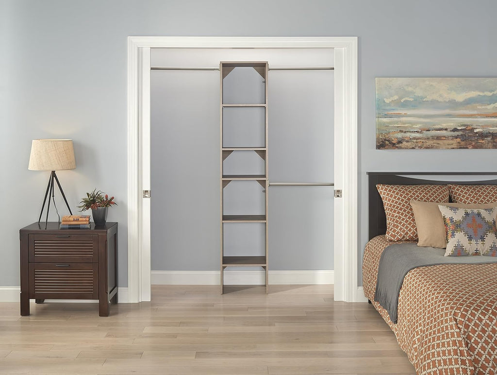 SuiteSymphony Wood Closet Organizer Starter Kit with Tower and 3 Hang Rods, Shelves, Adjustable, Fits Spaces 4 - 9