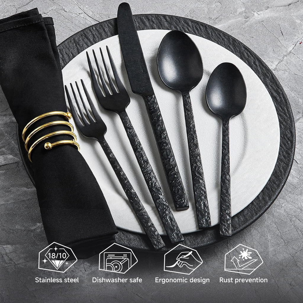 40 Pieces Black Hammered Silverware Set for 8, 18/10 Stainless Steel Heavy Duty Flatware Set