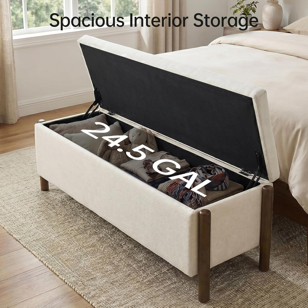 47" Fabric Upholstered End of Bed Storage Ottoman Bench, Beige | Entryway Bench with Storage and Rubberwood Legs
