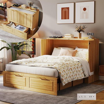 Murphy Bed Full: Oak 2 in 1 Murphy Bed Cabinet with Drawer, Wood Cabinet Bed with Charging Station, Modern Hidden