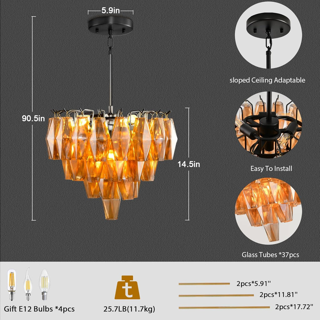 Pendant Light Kitchen Island, Black Chandeliers for Dining Room, 4-Light Pendant Lighting, 17" Modern Round Chandelier for Bedroom, Tiered Amber Glass Pendant Light Fixtures for Living Room