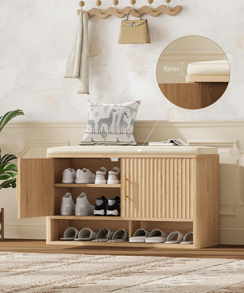 Fluted Shoe Storage Bench with Cushion, Entryway Bench with Adjustable Shelves and Open Bottom Shelf, Hidden Shoe