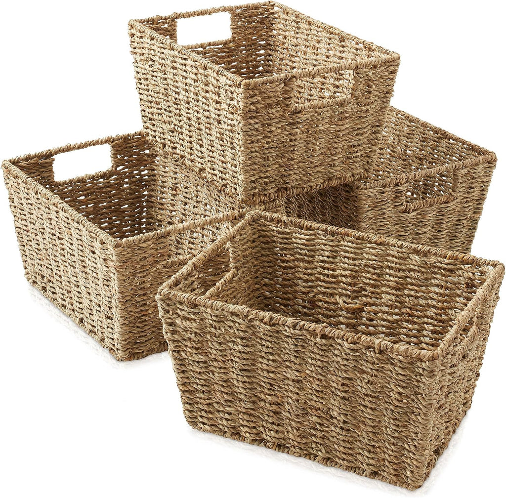 Set of 4 Seagrass Hyacinth Storage Baskets with Handles - Natural, Woven Storage Bins for Shelves, Blankets, Laundry