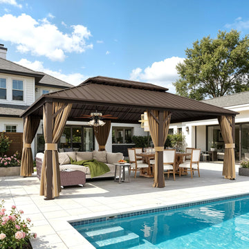 14×20 ft Outdoor Gazebo with Double-Layered Galvanized Steel roof, Hard-top Canopy Featuring Curtains and mesh Panels