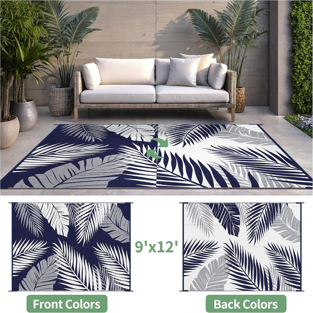 Outdoor Rug, Waterproof Plastic Rugs, 9'x12' Blue White