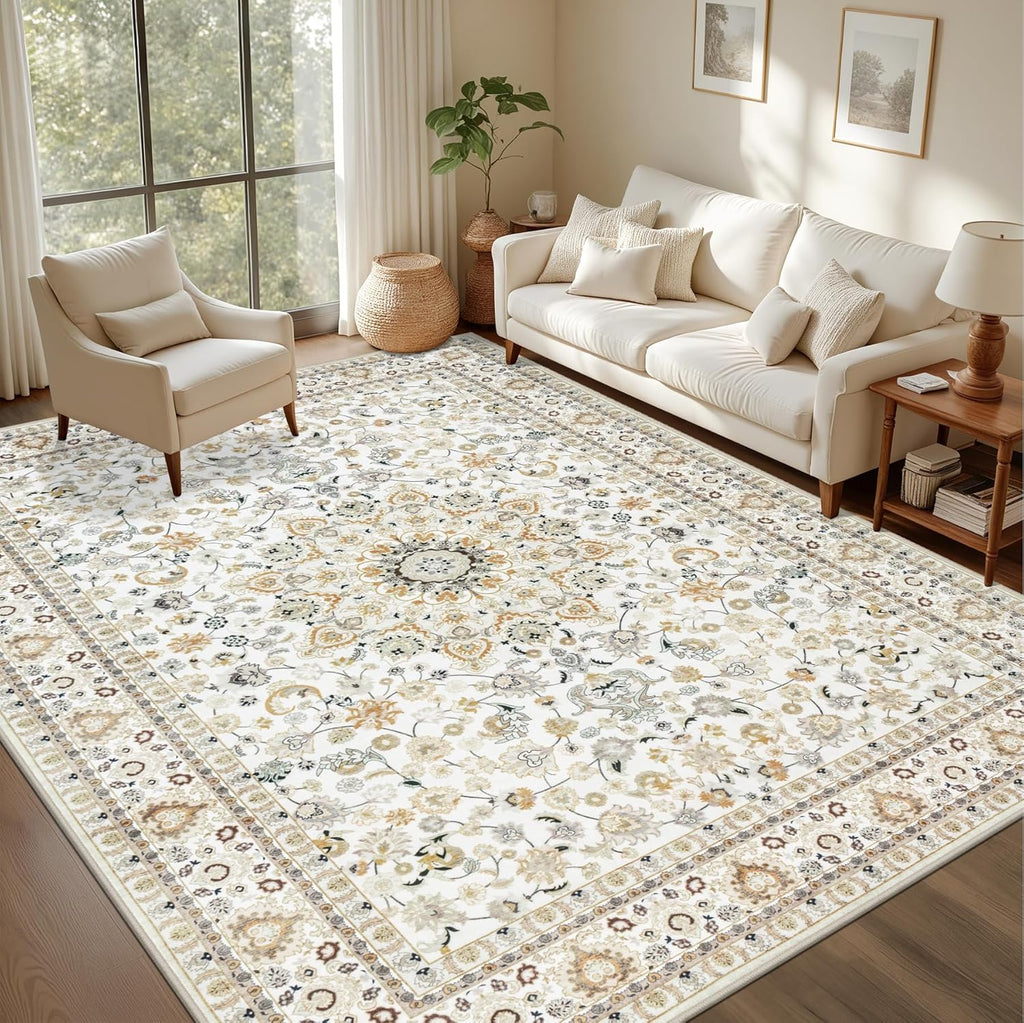 Area Rugs 9x12 Living Room Rug: Washable Rug Soft Vintage Boho Carpet Indoor Floor Non-Slip Stain Re