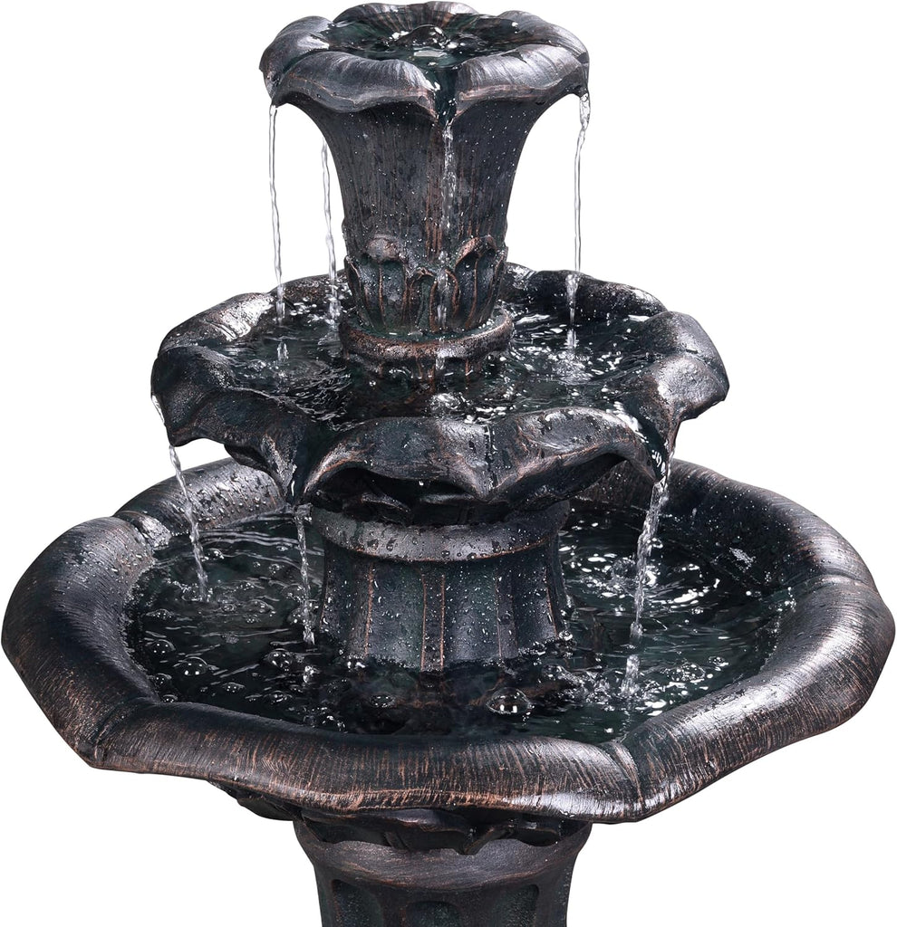 Lily Flower Floor Pedestal 3 Tiered Floor Waterfall Fountain with Pump Patio Garden Backyard Decking, 38 Inch Height
