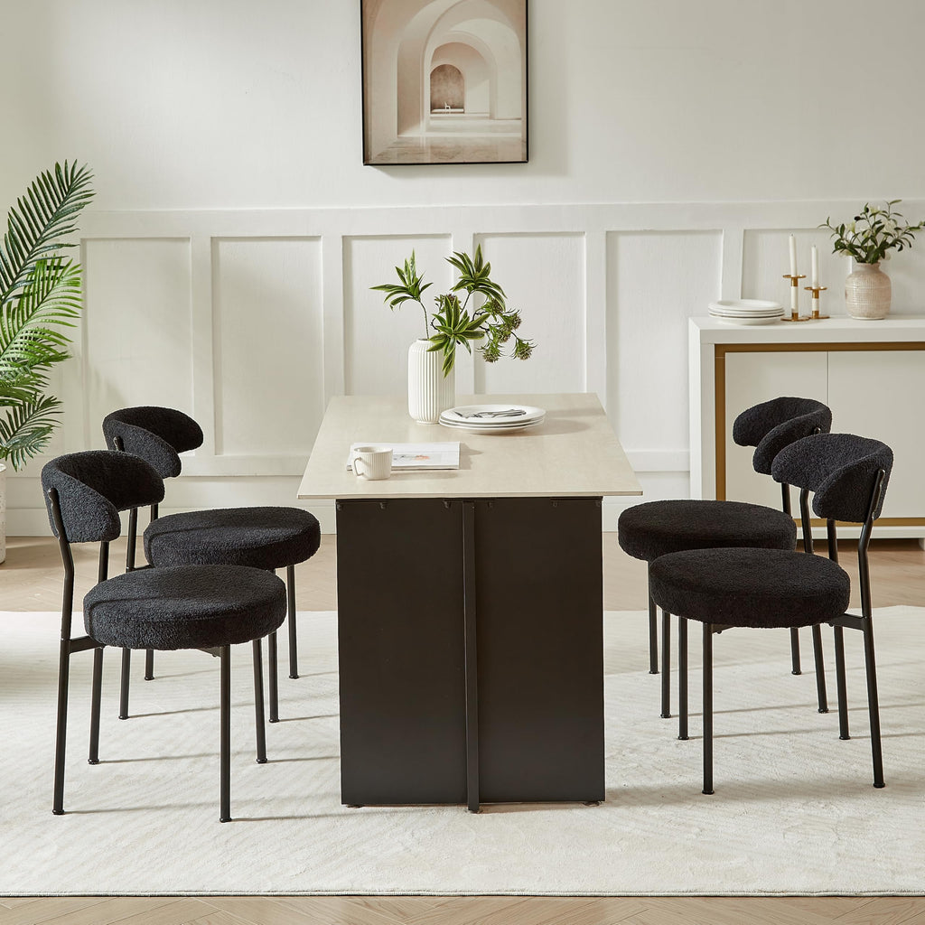 Black Boucle Set of 4, Kitchen Dining Room Chairs Curved Backrest Upholstered Mid Century Modern Chairs with Black