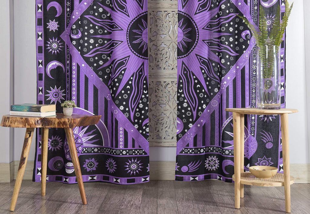 Burning Sun Hippie Mandala Window Curtains - Gypsy Bohemian Sun Moon Beautiful Drapery Bedroom Living Room Balcony