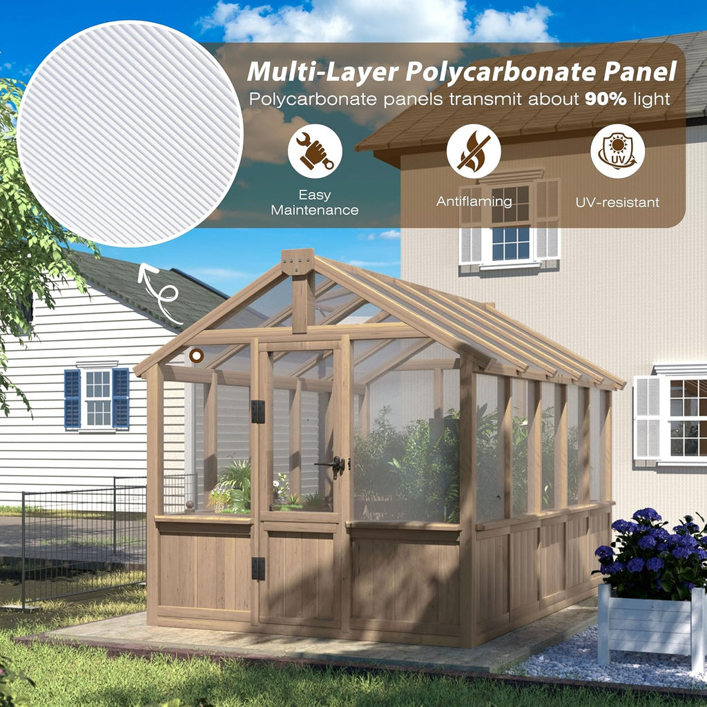 6'x10' Wooden Greenhouse, Heavy Duty Green House Kit with Ventilated Window and Lockable Door, 6mm PC Panels for UV