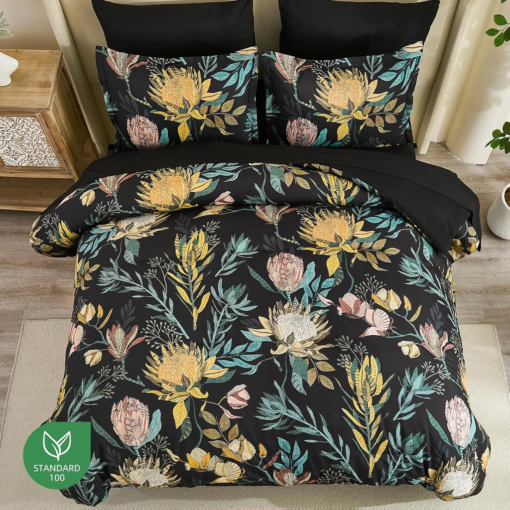 Comforter Set 7 Pieces Bedding Sets, Black Floral Comforter and Sheet Set