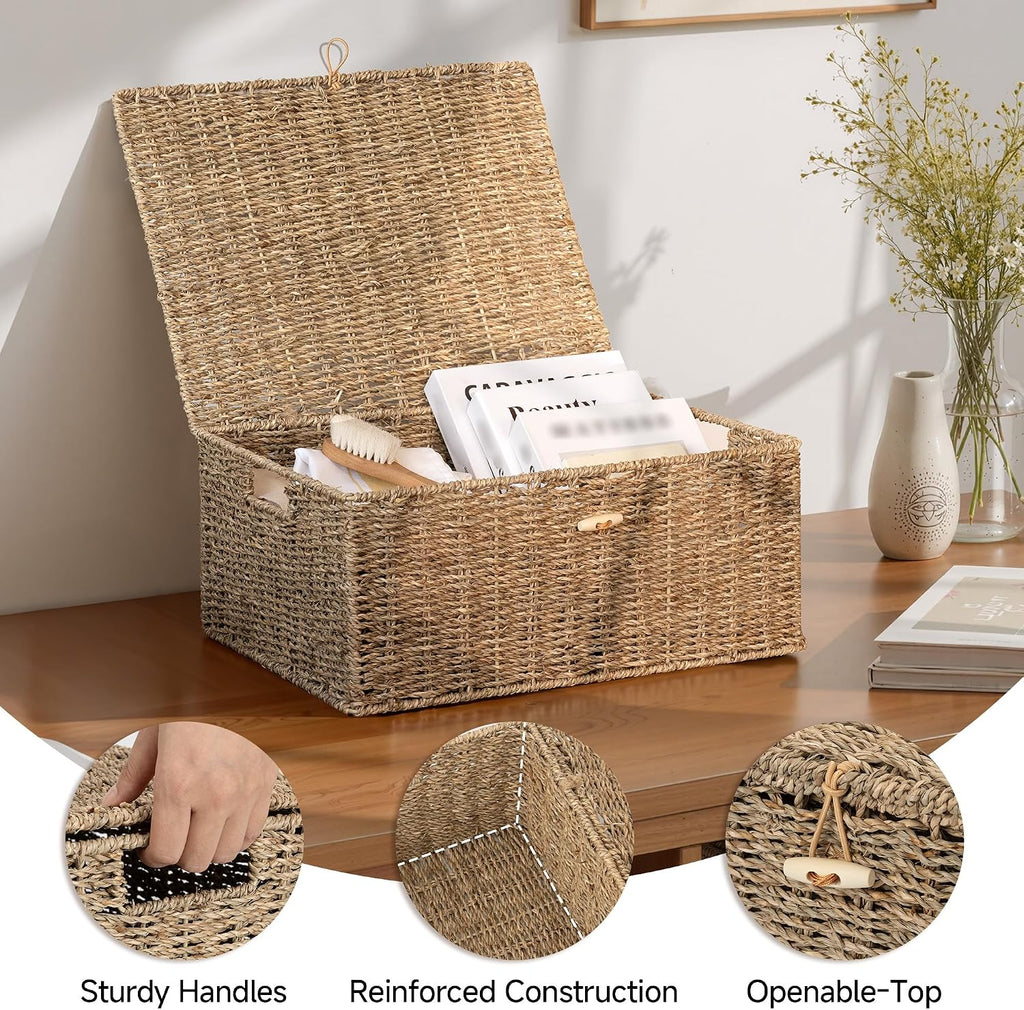 Extra Large Wicker Baskets with Lid for Organizing, Seagrass Storage Baskets for Shelves, Decorative Box with