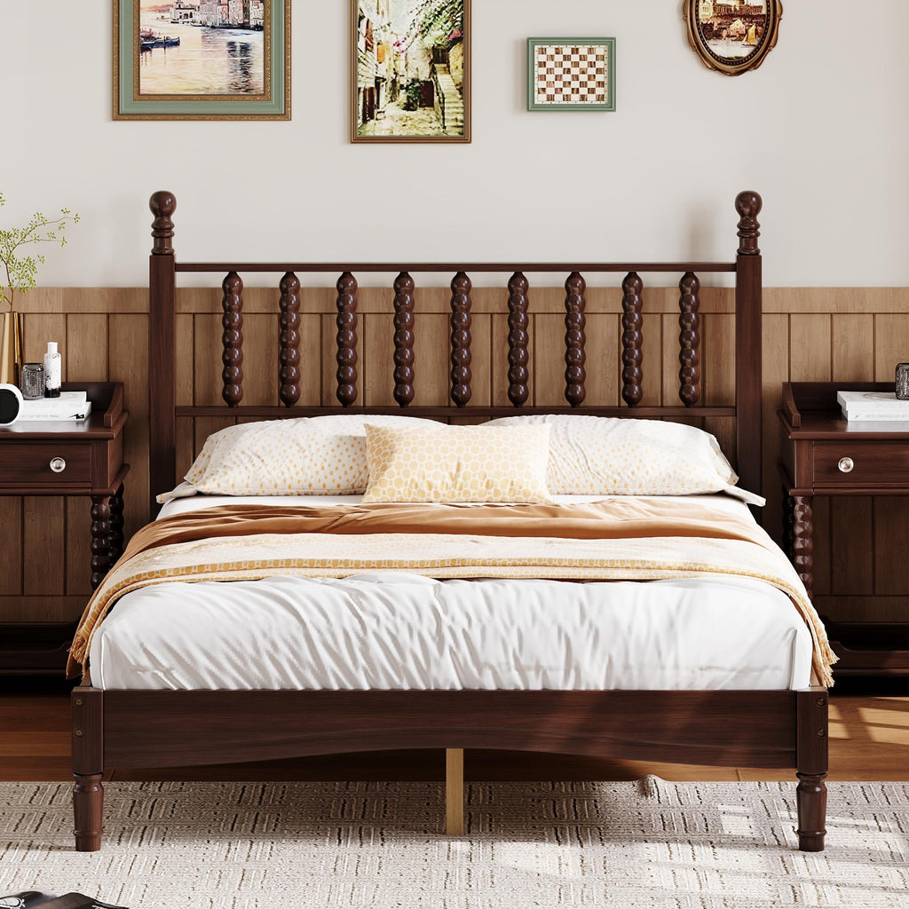 Walnut Spindle Bed Frame Full Size with Wooden Headboard