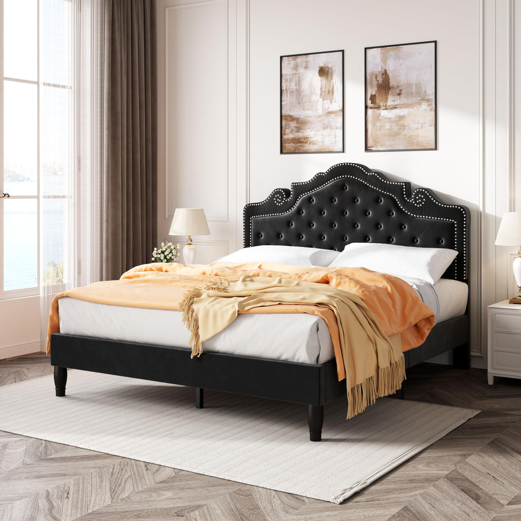 Full Size Bed Frame with Adjustable Headboard/Velvet Upholstered/Diamond Button Tufted and Metal Studs/No Box Spring