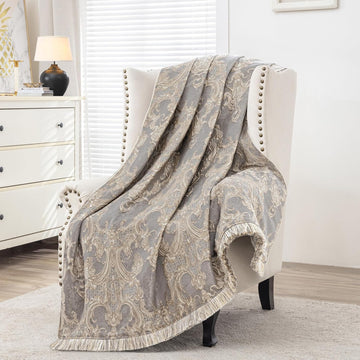 Luxury Throw Blanket, Jacquard Bed Throws Soft Lightweight Velvet Fall Blankets with Fringes Trim, 52x72 Inches)