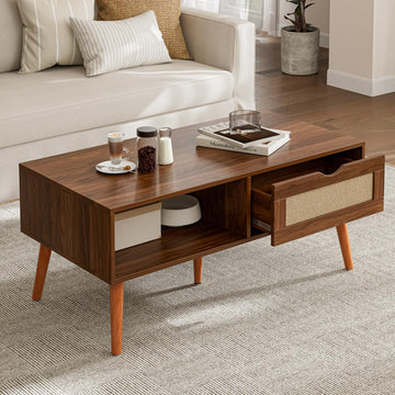 Rattan Coffee Table with Drawer, Mid-Century, Walnut