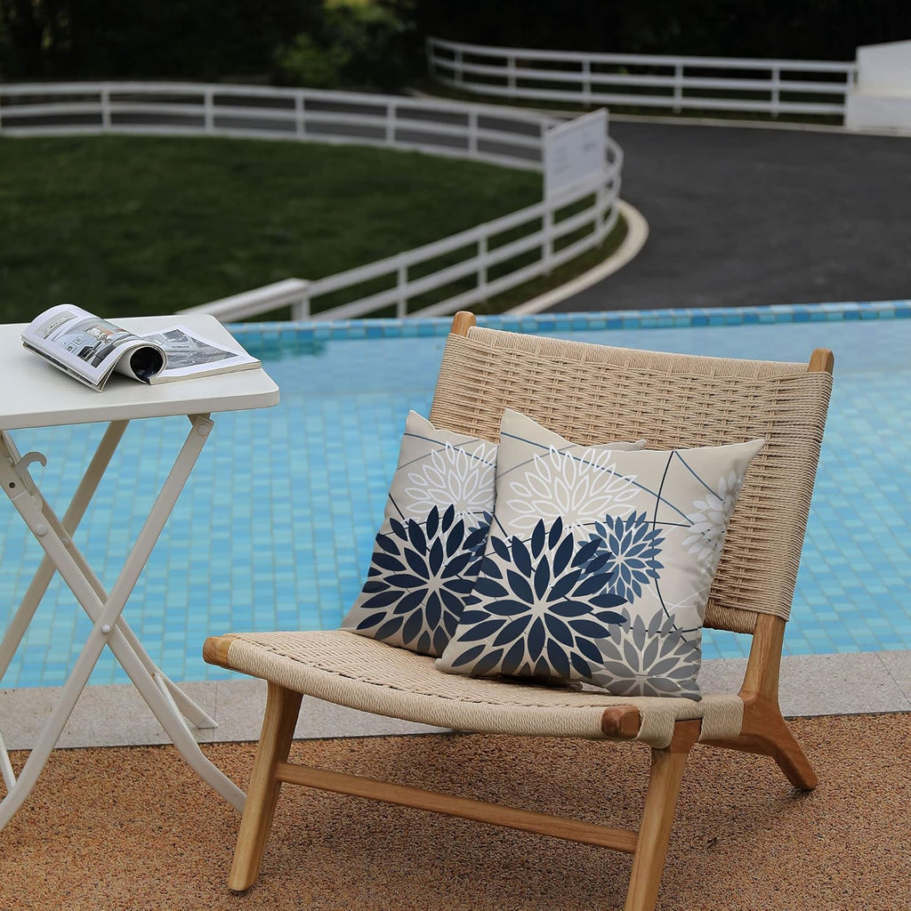 Blue and Gray Floral Pillow Covers 18x18 Set of 2 Outdoor Waterproof White Colored Decorative Throw Pillows Summer