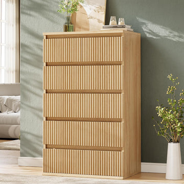Fluted 6 Drawer Dresser , Modern Wood Chest of Drawers, Tall Storage Dresser with Deep Drawers, Handleless