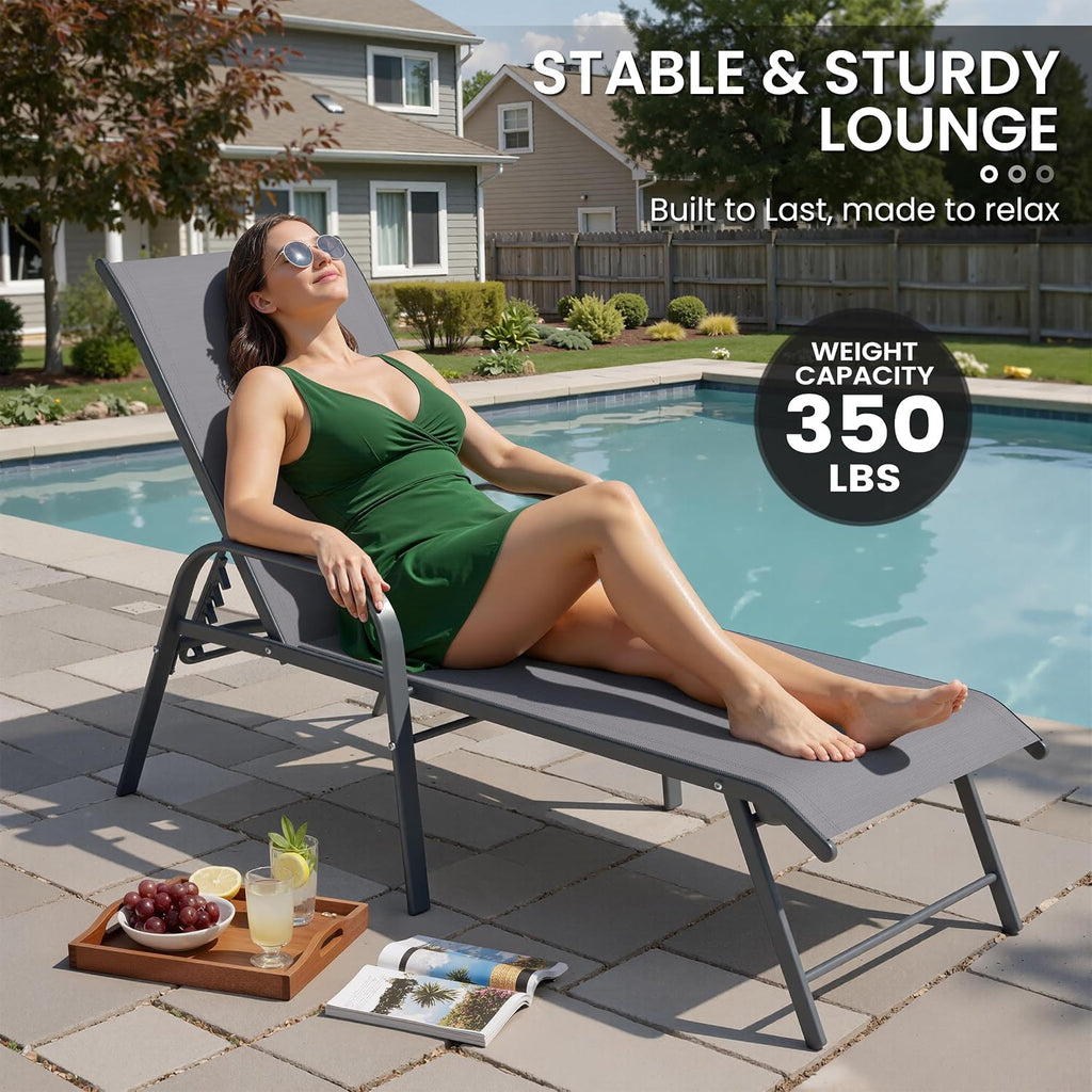 Chaise Lounge Outdoor, Aluminum Pool Lounge Chairs Set of 2 (Gray) | 5-Position Adjustable Backrest with Armrests