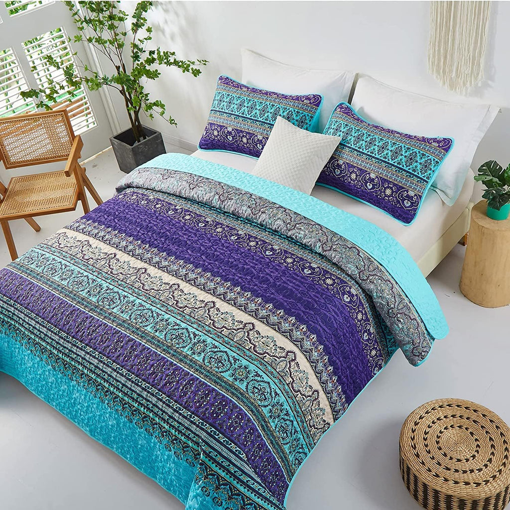 Boho King Quilt Bedding Set, 3 Pieces Soft Bedspread,Blue - Set of 3
