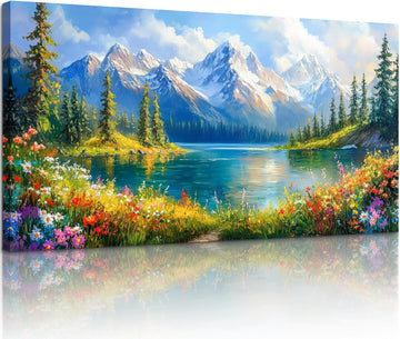 Lake Landscape Wall Art, Snow Mountain Forest Extra Large Artwork, Nature Yosemite Sunny Paintings, Wildflower