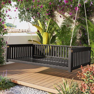 Black Wooden Porch Swing Bed with Safety Rails, 3-Seater Hanging Daybed Swing with Ropes, Outdoor Patio Bench Swing