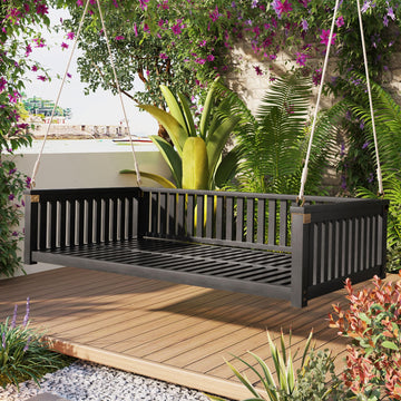 2-Person Acacia Wood Swing Bed with Ropes Black/Acacia
