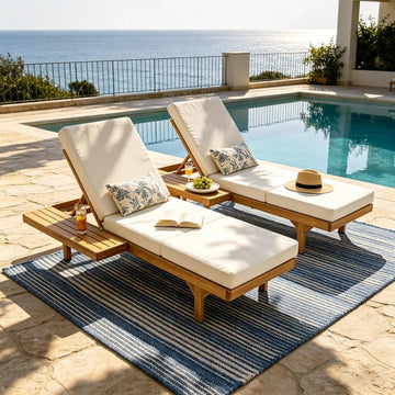 Acacia Wood Chaise Lounge Chair Set of 2, Double/Single Outdoor Sunbathing Pool Lounger with 4'' Triple-Folds