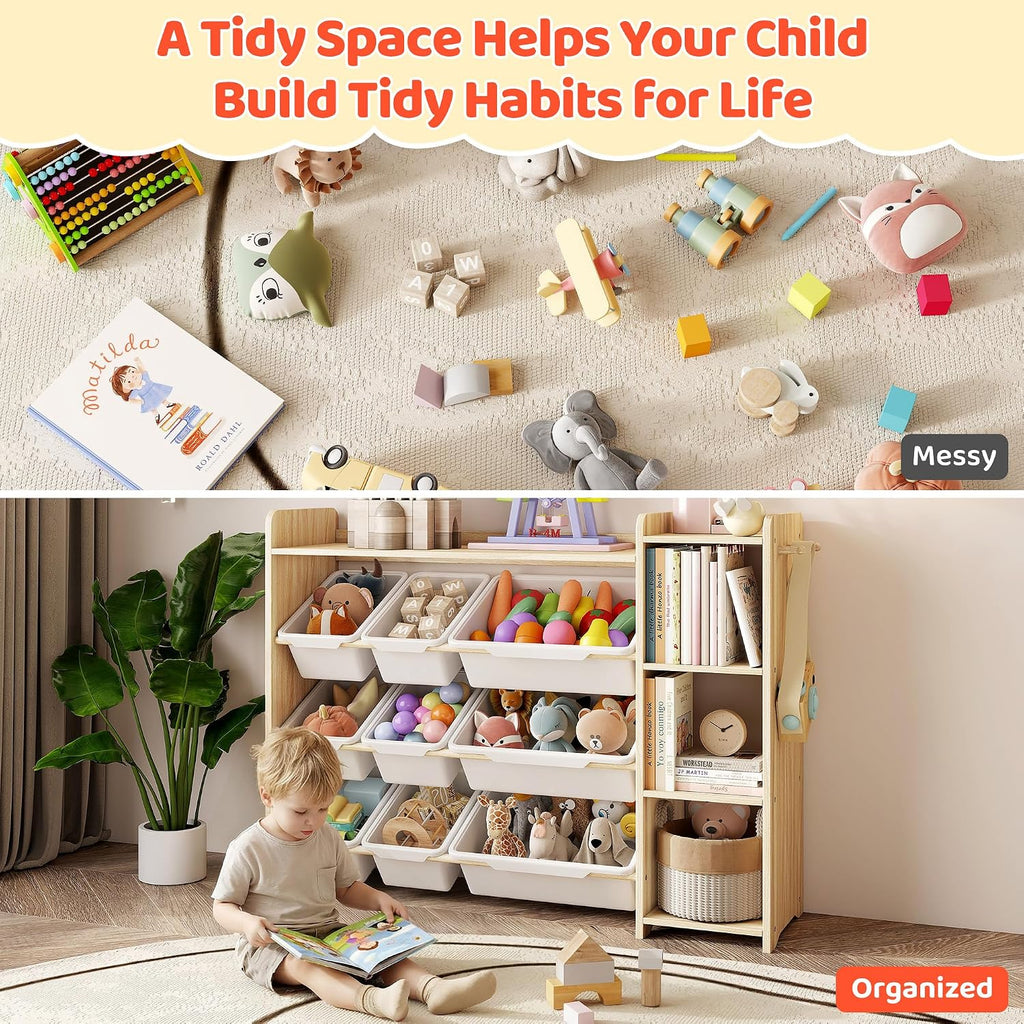 Toy Storage Organizer with Bookshelf, Kids Toy Storage and Organizers with 3 Shelves/9 Bins/3 Hooks, Bin Shelf, Toy