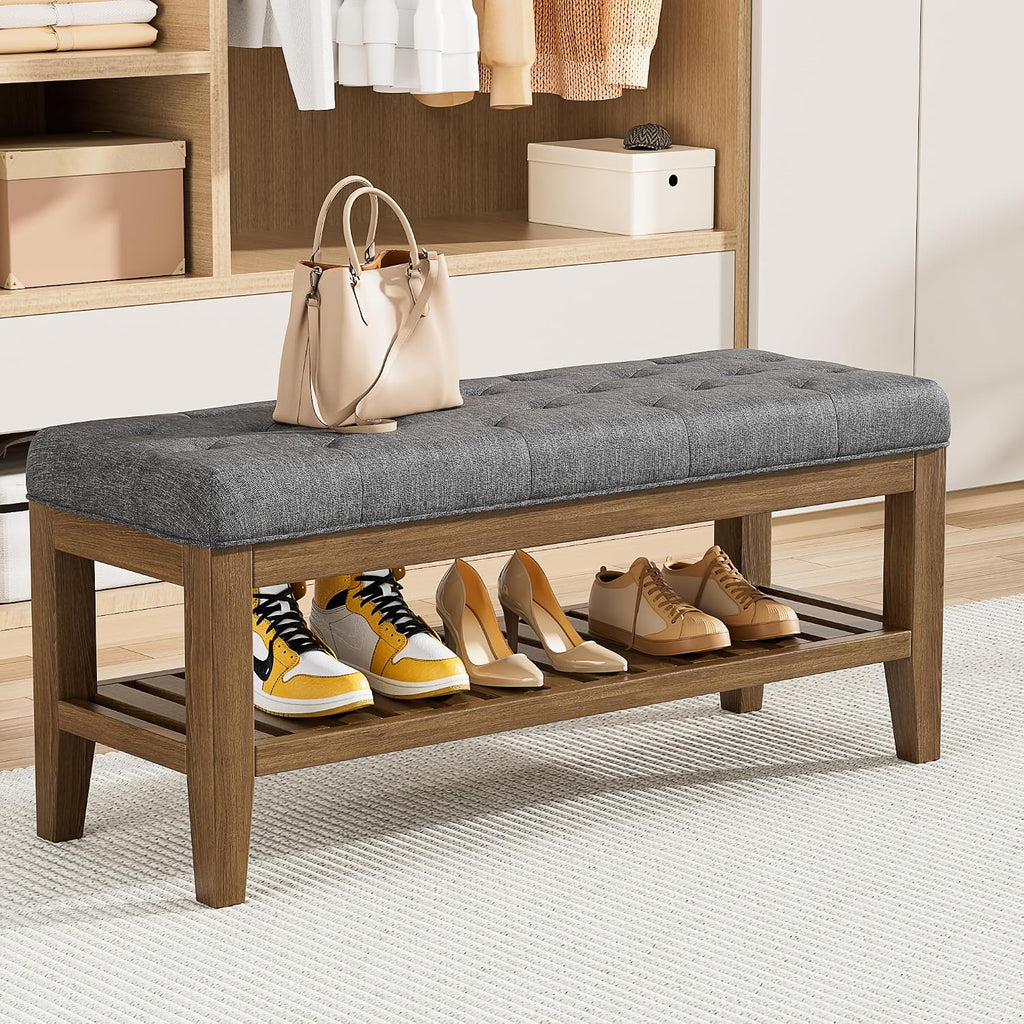 End of Bed Storage Bench, 42.9" Entryway Shoe Bench with Solid Wood Shelf, Upholstered Ottoman with Padded Seat and