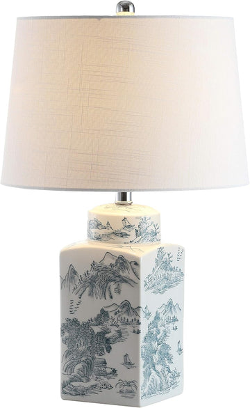 24.5" Blue/White Chinoiserie Ceramic Table Lamp, Traditional Square Ginger Jar Mountain Toile Lamp B