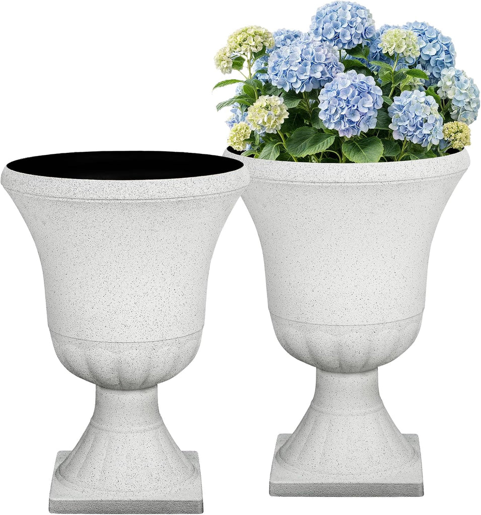 2-Pack 22" White Terrazzo Plastic Urn Planters with Drainage Holes | Set of 2 PP urn planters with white terrazzo