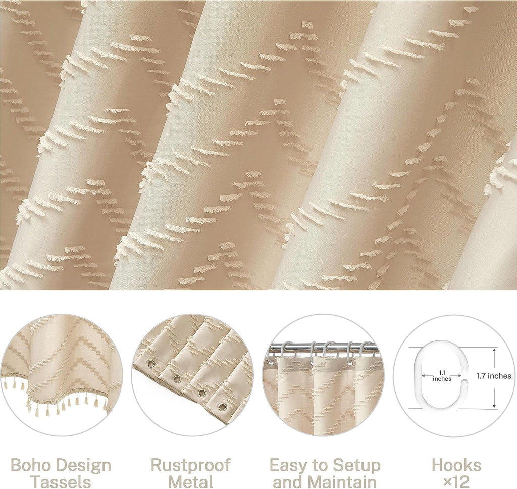 Boho Farmhouse Shower Curtain Woven Fabric Cute Beige Shower Curtain, 72 x 72 Tufted Chevron Textured Striped Modern
