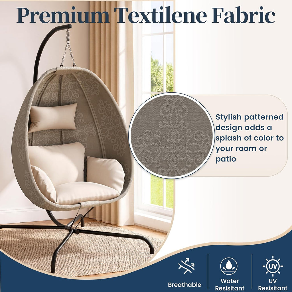 Hanging Egg Chair with Stand Indoor Outdoor, Foldable Outdoor Egg Swing Chair with Cushion, 485LBS Capacity Textilene