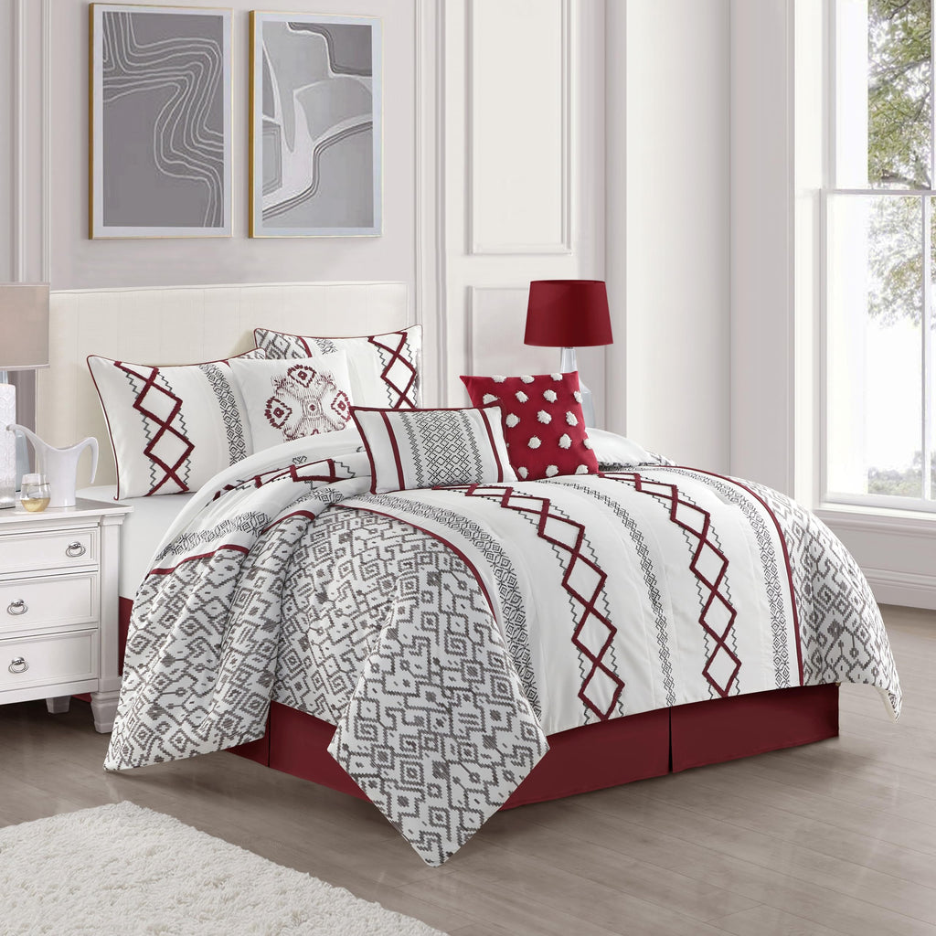 Luxury 7 Piece Cozy Comforter Set, White and Red, Embroidered Bedding Sets, Premium Microfiber, All Season