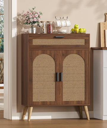 Rattan Storage Cabinet with Drawer and 2 Doors, Walnut | Accent Sideboard Buffet Cabinet with Adjustable Shelf &