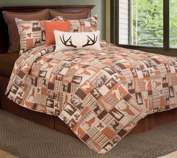 Rustic Buck Ridge Trail Cabin Lodge Deer Stag Pinecone Orange Brown Tan Bed 3-Piece Reversible Lightweight Quilt