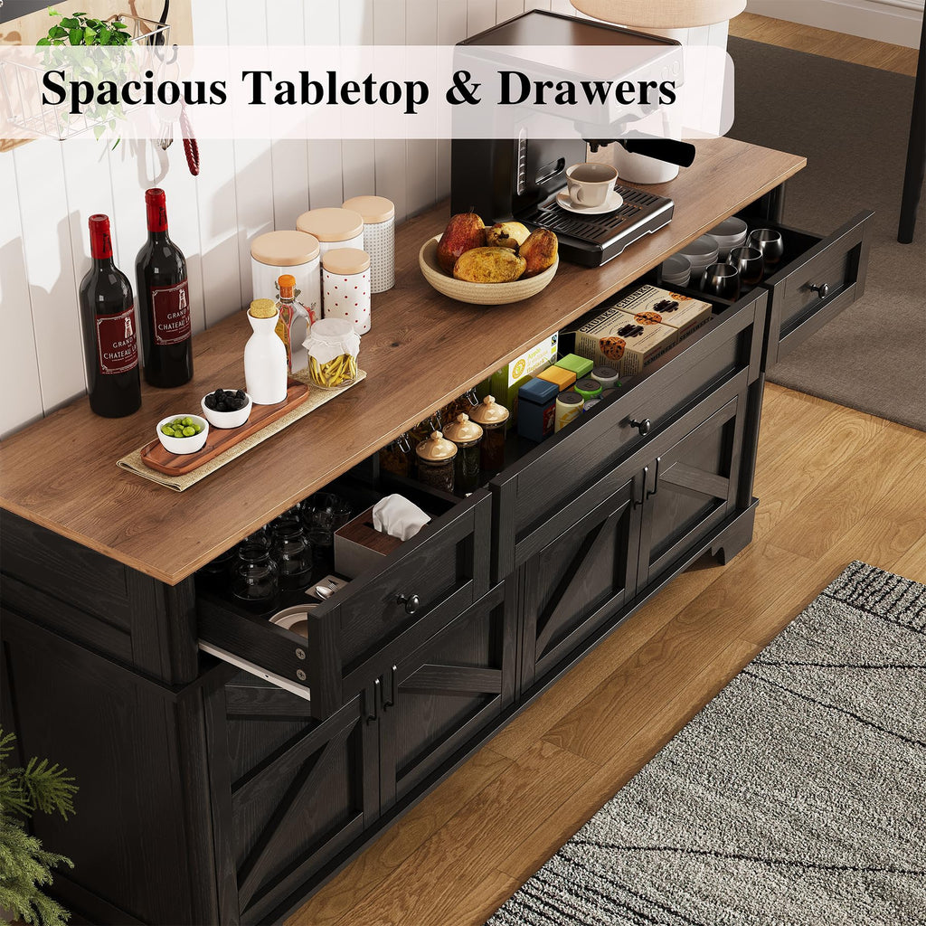 65 Inch Farmhouse Buffet Cabinet with Storage, Black Sideboard Buffet Cabinet with Adjustable Shelves & 3 Drawers