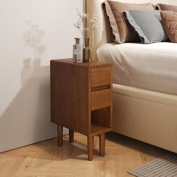 Narrow Nightstand 2 Drawers with Open Shelf Narrow Night Stand Solid Wood Bedside Table Mid Century Modern Nightstand